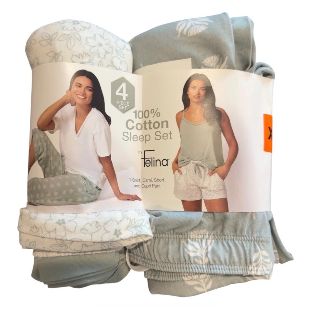 Felina 4 Piece 100% Cotton Sleep Set Sage Green Floral XXL T-Shirt Cami Pant